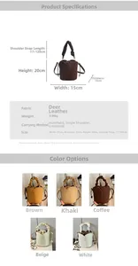 Detailed view of suede petal bucket bag dimensions with brown color variety and drawstrings