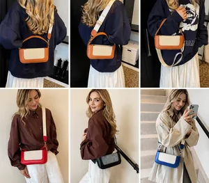 Lifestyle shots of the retro patchwork crossbody bag in multiple colors on a model.