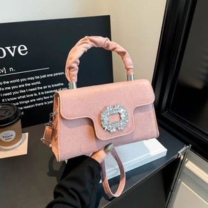 Women Crossbody Handbag Rhinestone Buckle Ruched Handle Suede PU Elegant Evening Square Bag