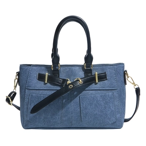 Blue matte crossbody bag with black leather handles and golden metal buckle accents