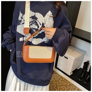 Retro contrast stitching leather and canvas small square bag with wide shoulder strap