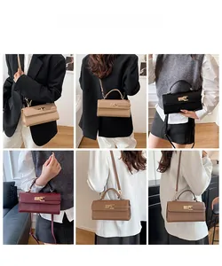 Detail view of stylish crossbody handbags in four colors shown with minimalist outfits