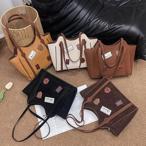 Large vintage tote bag with retro patches and long straps in five assorted earthy colors