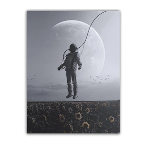 Astronaut floating over sunflower field with large moon tapestry wall hanging decor