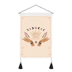 Bohemian tarot tapestry featuring moon phases, sun and mystical hands with tassels