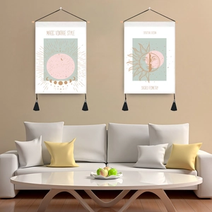 Tarot Celestial Sun Moon Phases Wall Tapestry Fabric Hanging Scroll With Wooden Pole Tassels Spiritual Decor