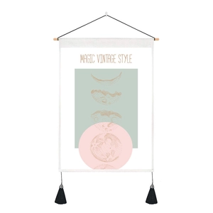 Minimalist moon phase moon wall tapestry with wooden pole and black tassel home decor