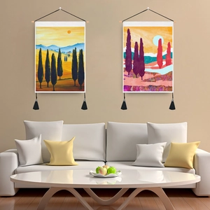 Abstract Landscape Wall Tapestry Fabric Hanging Painting With Wooden Rod And Tassels Nordic Cypress Tree Art Home Decor