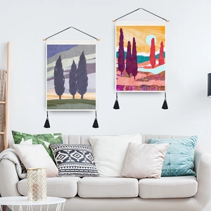 Modern abstract landscape wall tapestries with tassels and wooden hanging rods