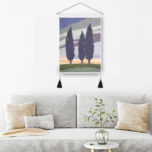 Artistic Nordic cypress landscape tapestry with wooden rod and black tassel decor