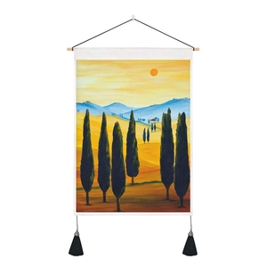 Italian countryside landscape tapestry with tassels and wooden rod for wall decor