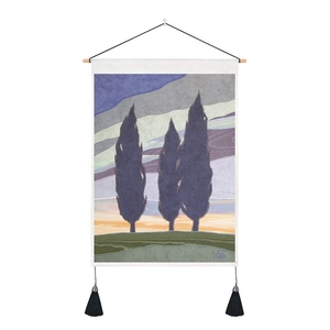 Nordic wall hanging tapestry with cypress trees artwork and black tassels decoration