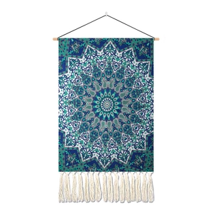 Bohemian mandala wall tapestry with deep blue patterns, wood pole and cotton tassels