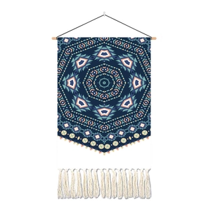 Bohemian mandala wall hanging tapestry with blue patterns, wooden rod, and white tassels