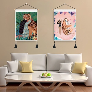 Illustrative Tiger And Woman Hanging Scroll Tapestry With Wooden Rod Tassel Decorative Wall Art For Home Living Room Bedroom