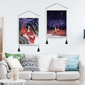 Artistic tiger girl wall tapestry set with wooden rod and black tassels in living room