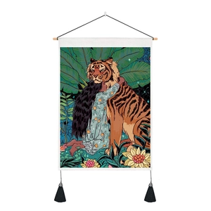Artistic tiger girl wall tapestry with fringe tassels and tropical floral leaves decoration