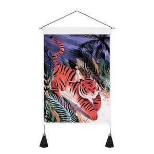 Artistic wall hanging tapestry featuring a girl riding a tiger with elegant black tassels