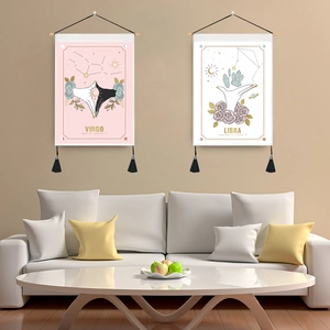 Tapisserie Murale Signe du Zodiaque Avec Tige en Bois Gland Boho Coton Polyester Astrologie Art Constellation Décoration Maison