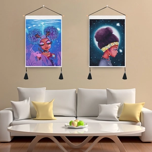 African American Woman Portrait Wall Tapestry Polyester Cotton Artistic Moon Underwater Scene Wooden Rod Tassels Decor