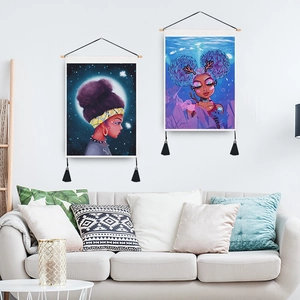Artistic wall hanging tapestry set featuring moon and girl illustrations with black tassels