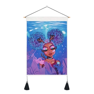 Vertical wall tapestry with moon girl art, blue hair, orange antlers and black tassels