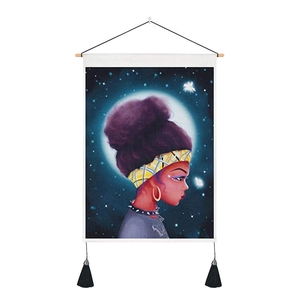 Artistic moon girl wall hanging tapestry with tassels and wooden rod for home decor