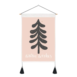 Tapestrie de Noël rose avec sapin abstrait et texte de vœux pour décoration murale