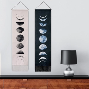 Modern lunar phase wall tapestries with tassels in light and dark minimalist designs