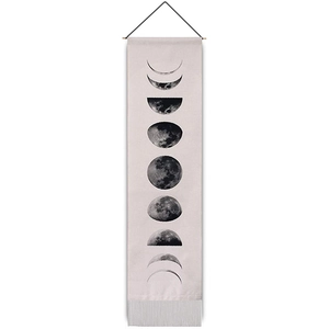 Minimalist lunar phase tapestry with wooden rod and elegant white cotton fringe tassels