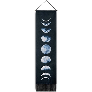 Vertical lunar phase wall tapestry with blue moon patterns and black tassels detail