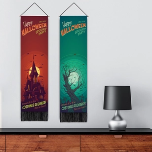 Halloween party wall banners set with castle, bat, and tassels decoration for festive home decor
