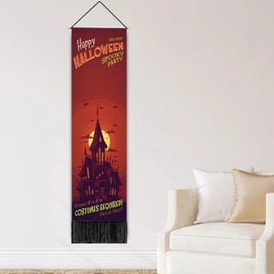 Halloween tapestry with castle and bats on red background, indoor wall decor with tassels