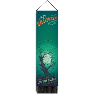 Halloween hanging banner with spooky forest silhouettes and orange festive tassels