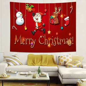 Detail of Santa Claus Christmas wall tapestry with Merry Christmas greeting and cartoon motifs