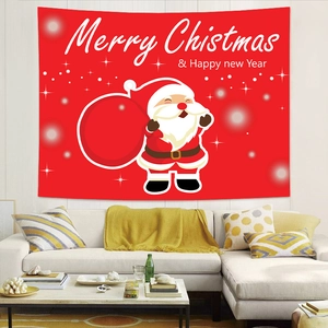 Detailed view of red Christmas tapestry with Santa Claus hanging in a modern living room