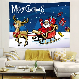 Detail of Christmas Santa tapestry hanging over a sofa in a modern living room setting