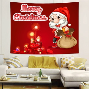 Red Christmas tapestry with Santa Claus and Merry Christmas slogan on living room wall