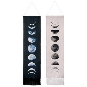 Modern moon phase wall tapestry with fringe tassels in navy and cream white colors