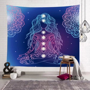 Yoga meditation tapestry with chakra symbols and Om sign on a dark blue gradient background