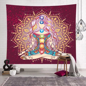 Bohemian yoga meditation tapestry with mandala design and seven chakras for home decor