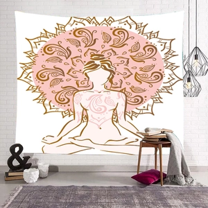 Meditation yoga wall tapestry with pink mandala and woman silhouette on white brick wall