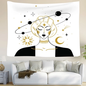 Wall Tapestry Polyester Celestial Moon Phase Sun Star Bohemian Girl Face Line Art Nordic Aesthetic Home Decor Background