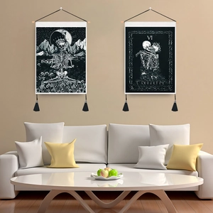 Gothic Tarot Card Skeleton Tapestry Wall Hanging Polyester Cotton Decorative Art With Wooden Rod And Tassels For Bedroom