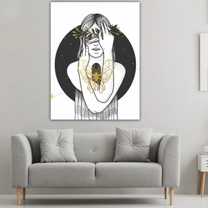 Modern abstract wall tapestry with black line art and gold butterfly in Nordic living room