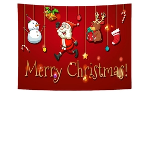 Festive red Christmas wall tapestry with Santa Claus, reindeer, and snowman decoration