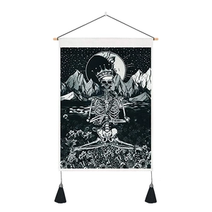 Gothic skeleton meditation tapestry with wooden rods and black tassels for wall decor