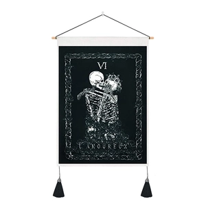 L'Amoureux Tarot Lovers tapestry with kissing skeletons and rose border for wall decor