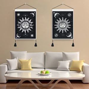 Bohemian Mystic Sun Moon Wall Hanging Tapestry With Tassels And Wooden Pole Celestial Art For Bedroom Living Room Home Decor