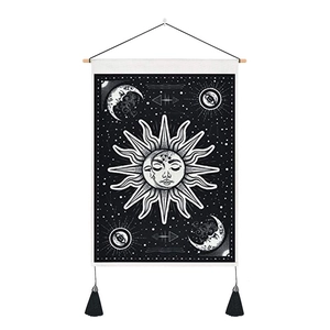 Bohemian sun and moon tapestry wall art with wooden hanger and black tassels for bedroom